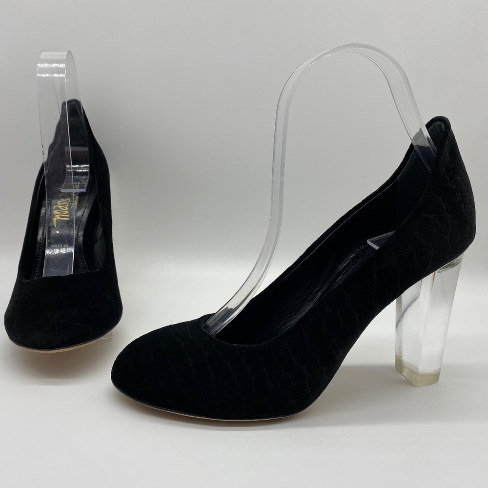 Jerome C. Rousseau Women's Black Velvet Clear Acrylic Block Heel Pump Size 7M